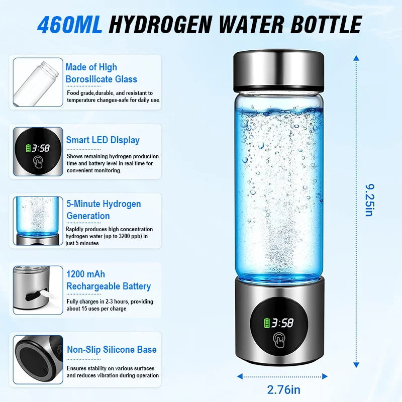Portable Hydrogen Water Generator Bottle, SPE+PEM Dual Chamber Ionizer, Electrolytic Hydrogen Water Cup with PPB & Time Display Zpaxo