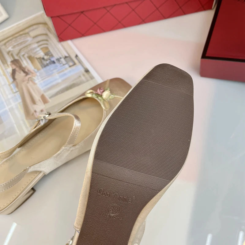 Women's Shoes Single Shoe Women's Silk Satin Thick Heel Square Toe Mary Jane Women's Sandals Lolita Shoes Pink Heels Zpaxo