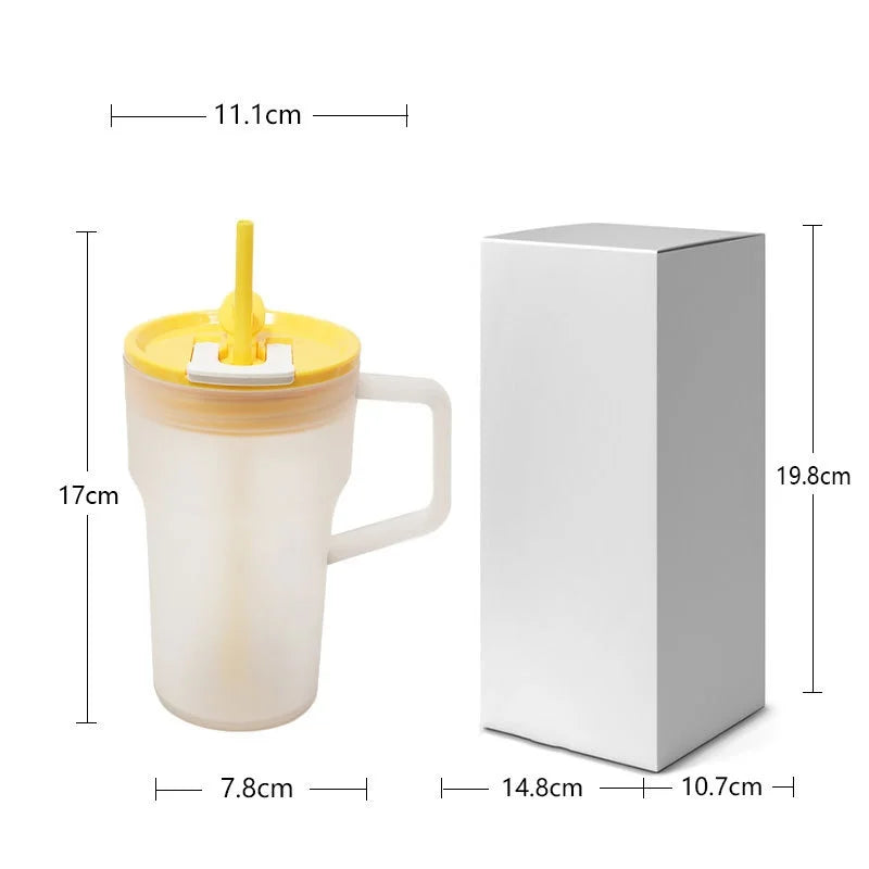 680ML Student Summer Frosted Tea Cup, Korean Style Large Capacity Handle Plastic Double Drinking Straw Cup, Ice King Water Cup Zpaxo