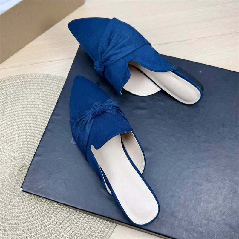 Slippers for Women 2025 Spring Autumn Summer New Sweet Bow Mueller Shoes Point Toe Flat Bottom Large Women's Shoes 42 43 44 Zpaxo