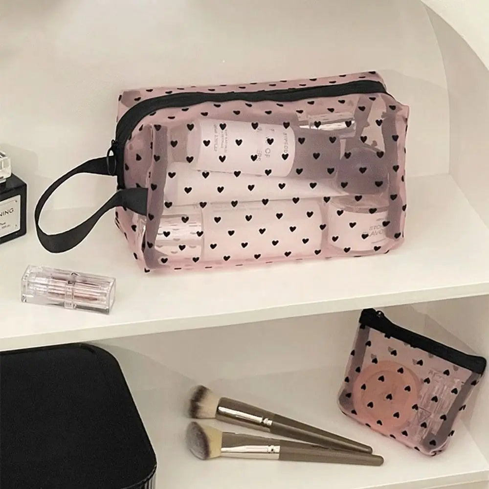New Heart Transparent Mesh Makeup Bag Black/Pink Multifunction Ladies Toiletry Storage Bag Portable Women Cosmetic Storage Pouch Zpaxo