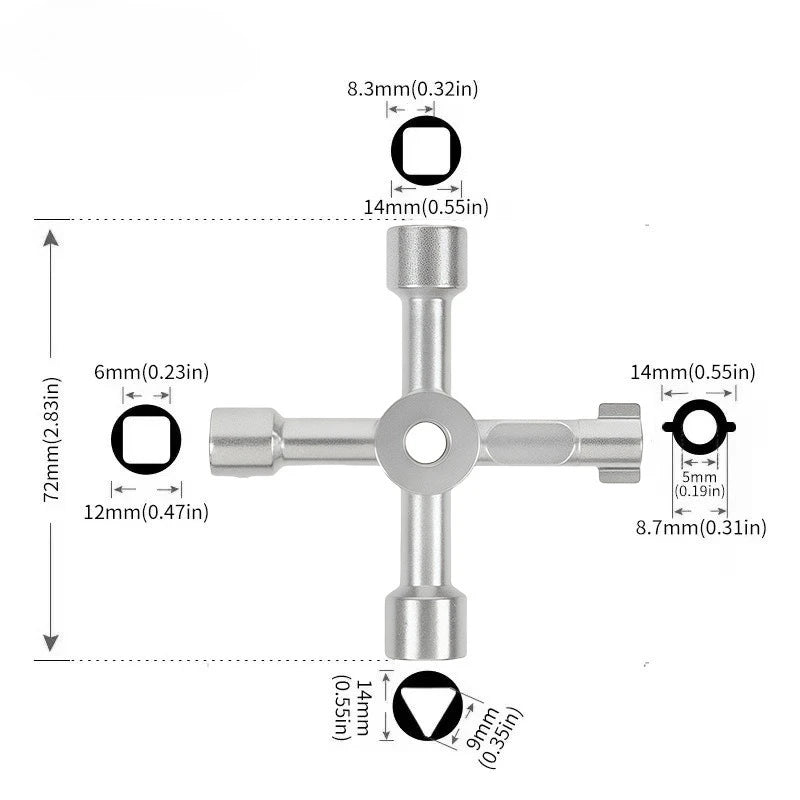 4 In 1 Multifunction Electrician Plumber Utility Cross Switch Wrench Square Triangle Wrench Tool for Elevator Gas Train Radiator Zpaxo 1pc-Silver