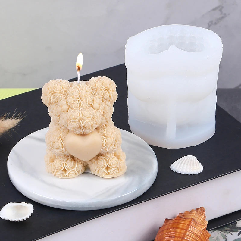 3D Rose Bear Candle Silicone Mold for Valentine's Day DIY Heart Bow-Tie Bear Soap Wax Craft Ornaments Gift Cake Chocolate Mold Zpaxo