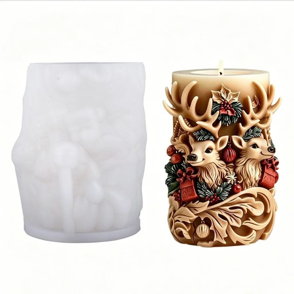 3D Double Deer Silicone Candle Mold – Christmas Cylindrical