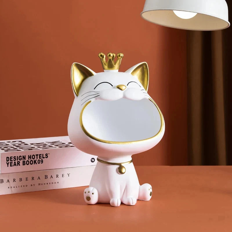 Cute Big-mouthed Crown Cat Resin Storage Sculpture Multifunctional