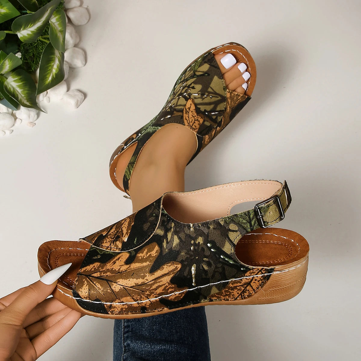 Women Sandals Plus Size Peep Toe Platform Shoes Woman Mix Color Wedges Sandals Women Lightweight Buckle Printed Beach Shoes Zpaxo