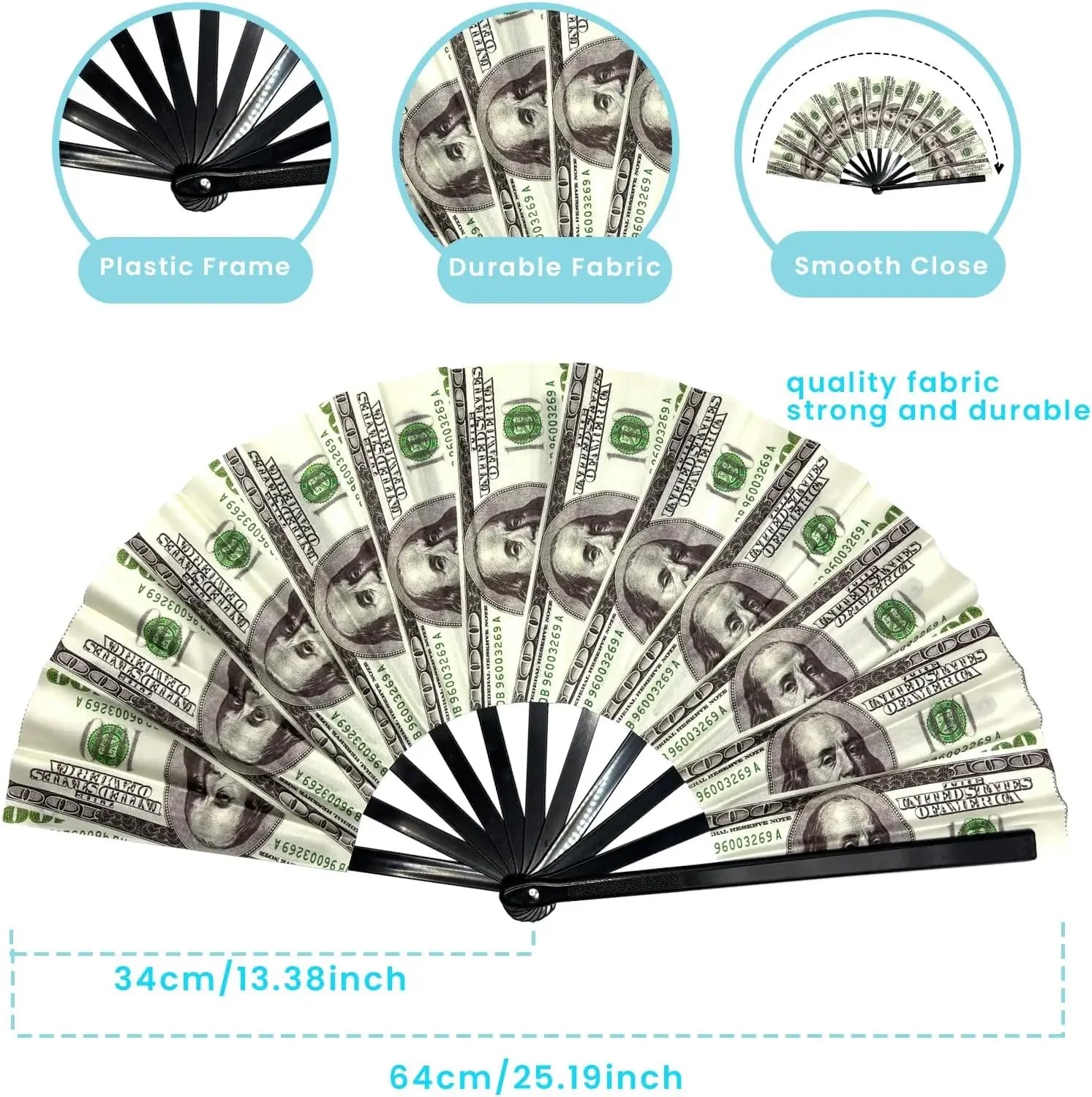Realistic Dollar Bill Printed Handheld Fan Lightweight Plastic