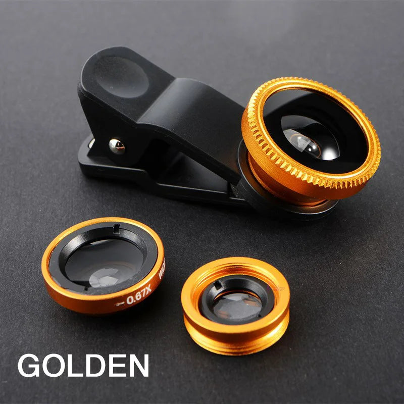 3 in 1 Fisheye Phone Lens 0.67X Wide Angle Zoom Fish Eye Lens With Clip Lens On The Phone For iPhone Huawei Xiaomi Macro Lenses Zpaxo Gold