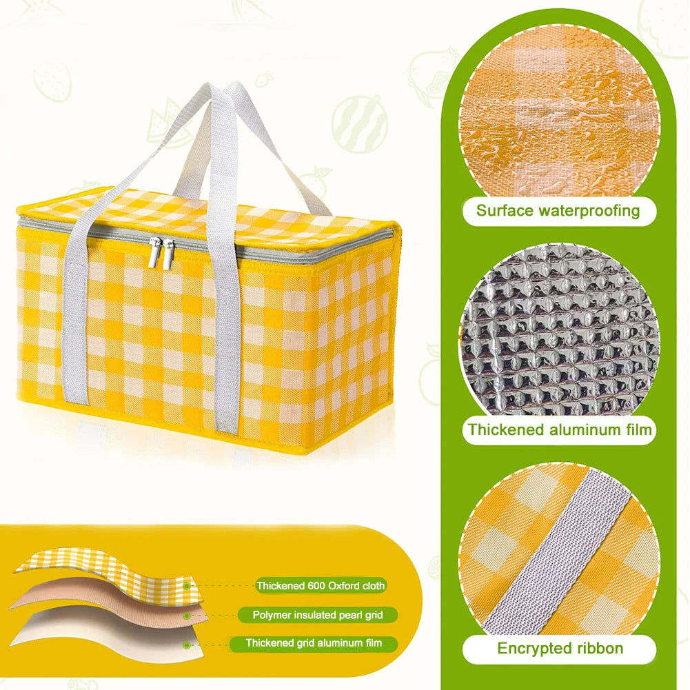 Insulated Picnic Bag Dual Zippers Camping Lunch Bag Waterproof Plaid Lunch Tote Bag Large Capacity for Outdoor Beach BBQ Zpaxo