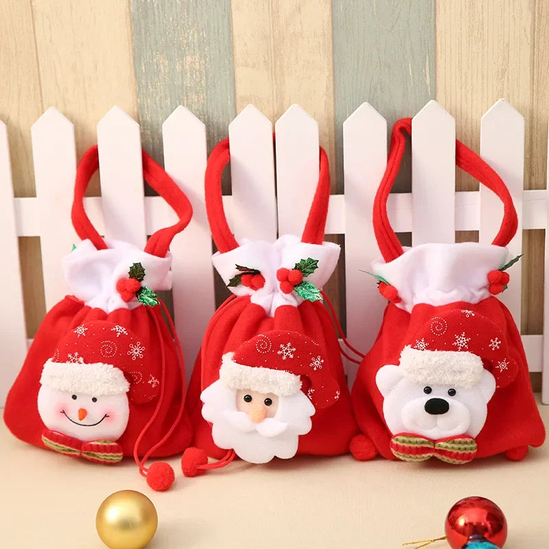 Reusable Christmas Bags Drawstring Santa Reindeer Snowman Design