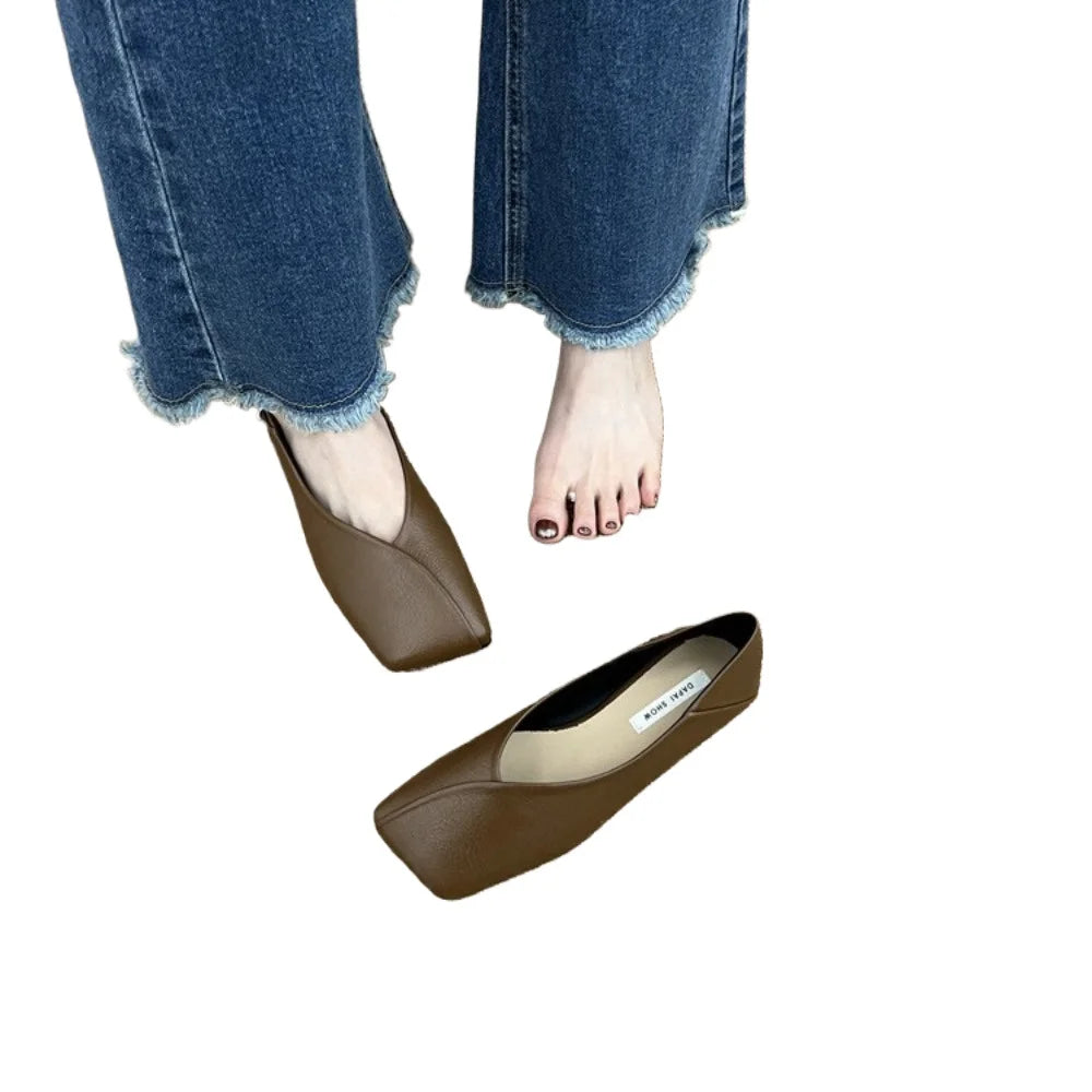 2025 Spring Women Flat Shoes Fashion Square Toe Shallow Slip Ladies