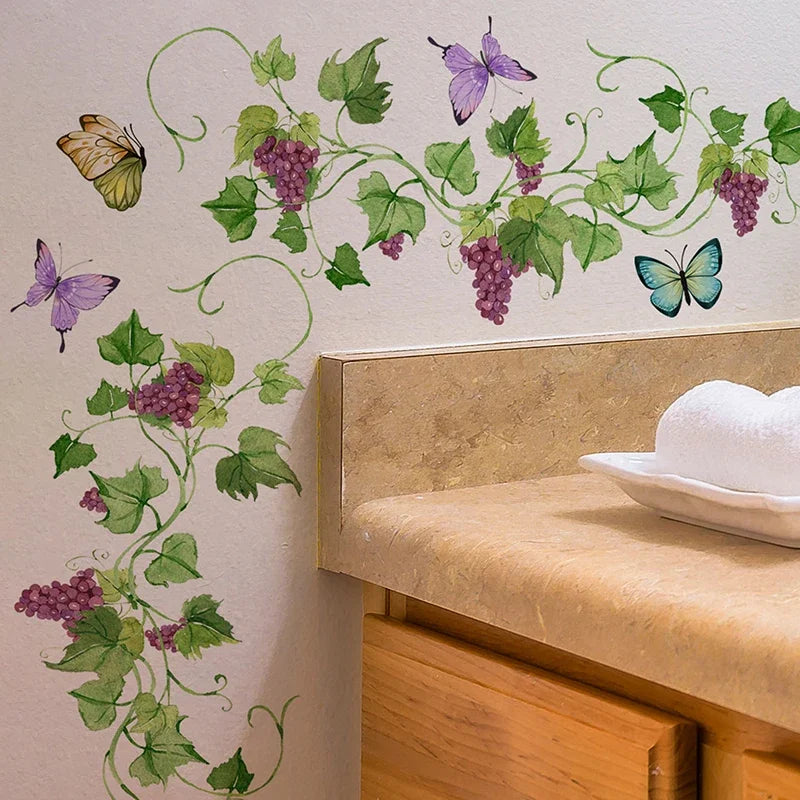 2Pcs/lot Creative Fruit Green Plants Vine Butterfly Wall Stickers Bedroom Living Room Decoration Mural Cabinet Stickers Zpaxo