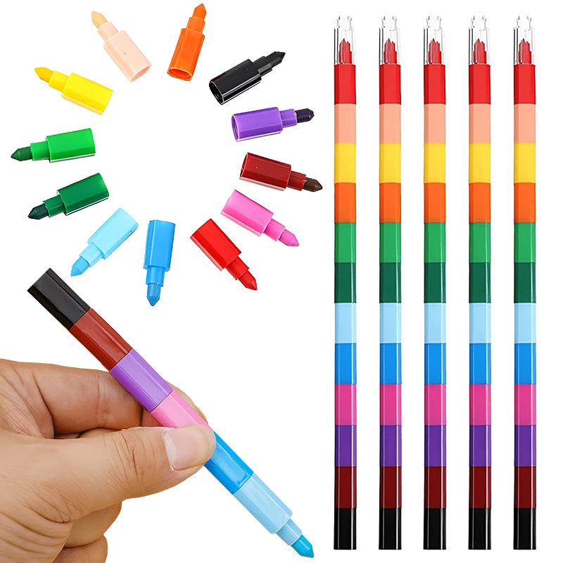 12-Color Building Block Crayons Fun Rainbow Color Stackable Drawing Crayons Graffiti Pen Art Supplies Birthday Gift Boy Girl Zpaxo