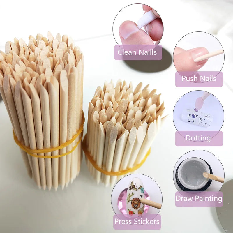 Nail Cuticle Pusher Orange Wood Sticks Nail Manicures Remover Wooden Design Nail Gel Polish Drawing Stick for Nail Art Zpaxo