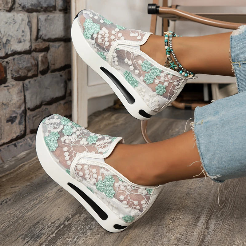 2025 New Women Casual Shoes Mesh Breathable Sneakers Thick Bottom Slip on Shoes Women Espadrille Lace Embroidered Women Sneakers Zpaxo