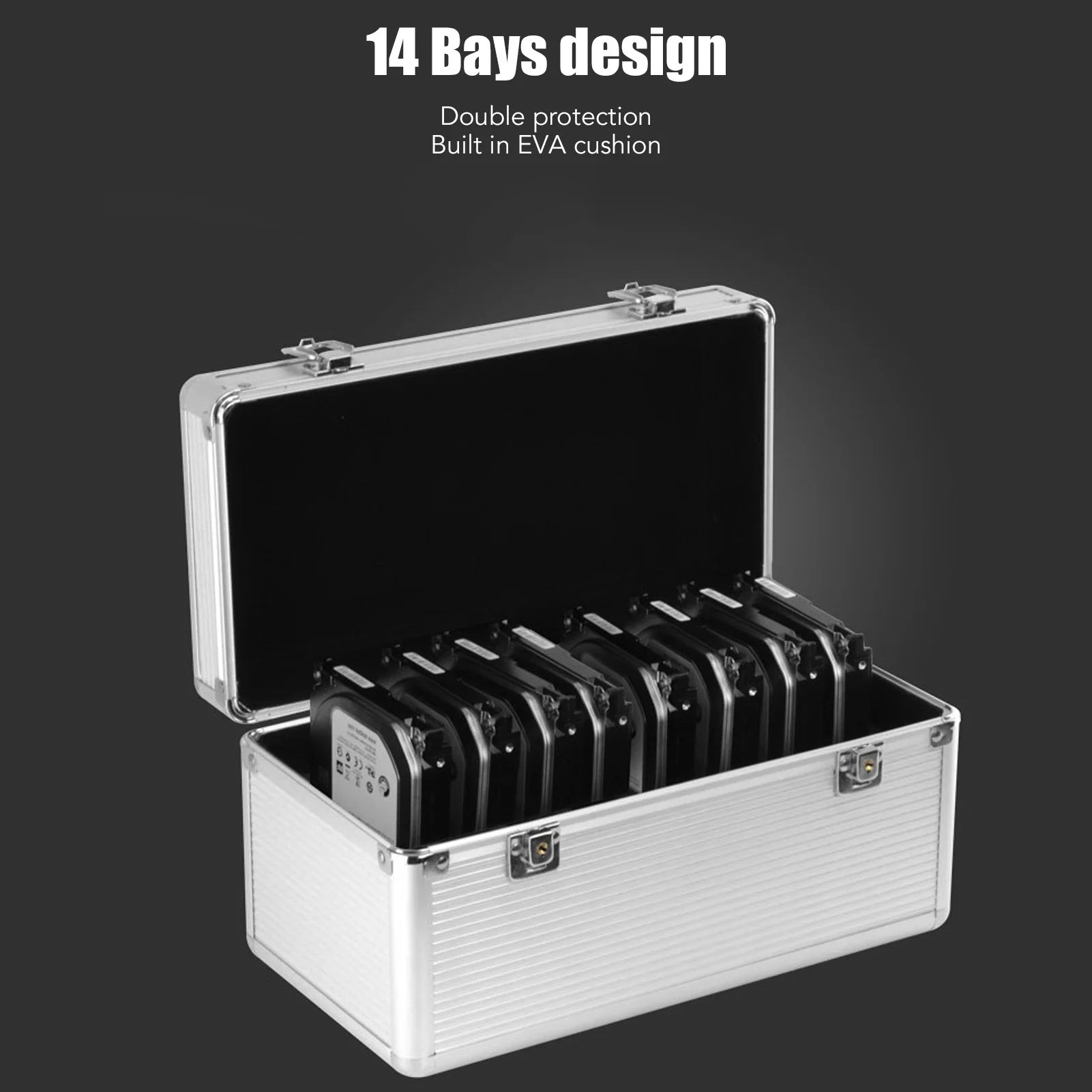 Hard Drive Case Storage Box 14 Bays Double Lock Design