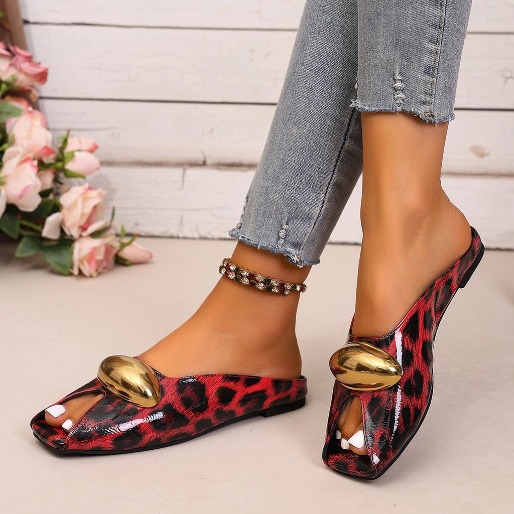 Women Slippers Fish Mouth Toe Exposure Sandals Large Size Shiny Metal Buckle Flat Slippers Women Designer Shoes Slides Women Zpaxo