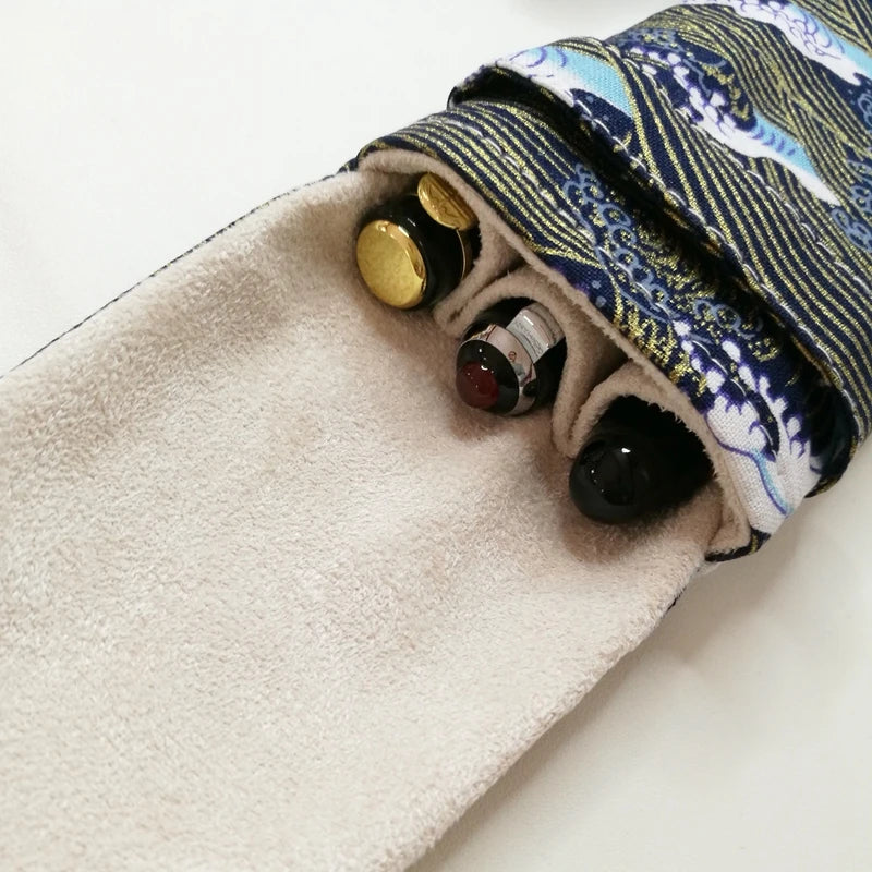 National Wind Cloth Art Pen Bag 3 holes Pen Bag Pen Case Protection Case Portable Pen Bag Blue Checkered Cherry Zpaxo