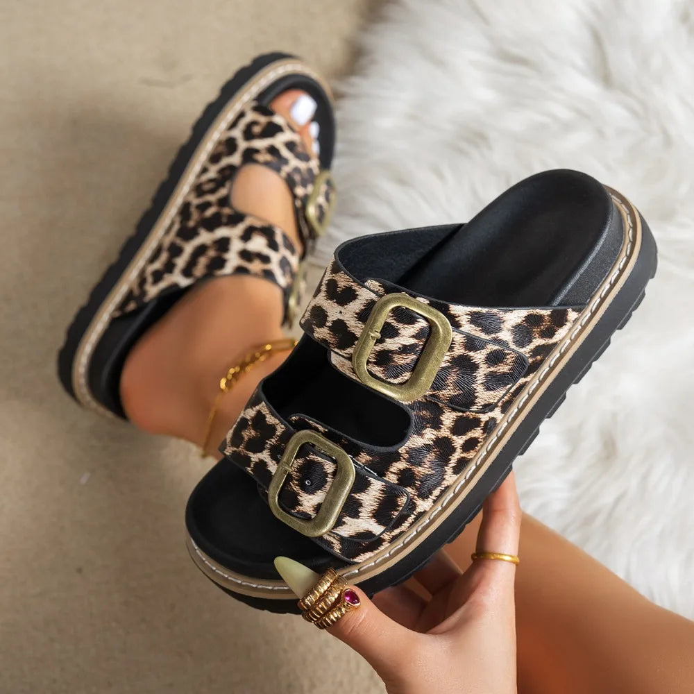 Leopard Print Thick Soled Slippers Women 2026 Summer Open Toe Beach