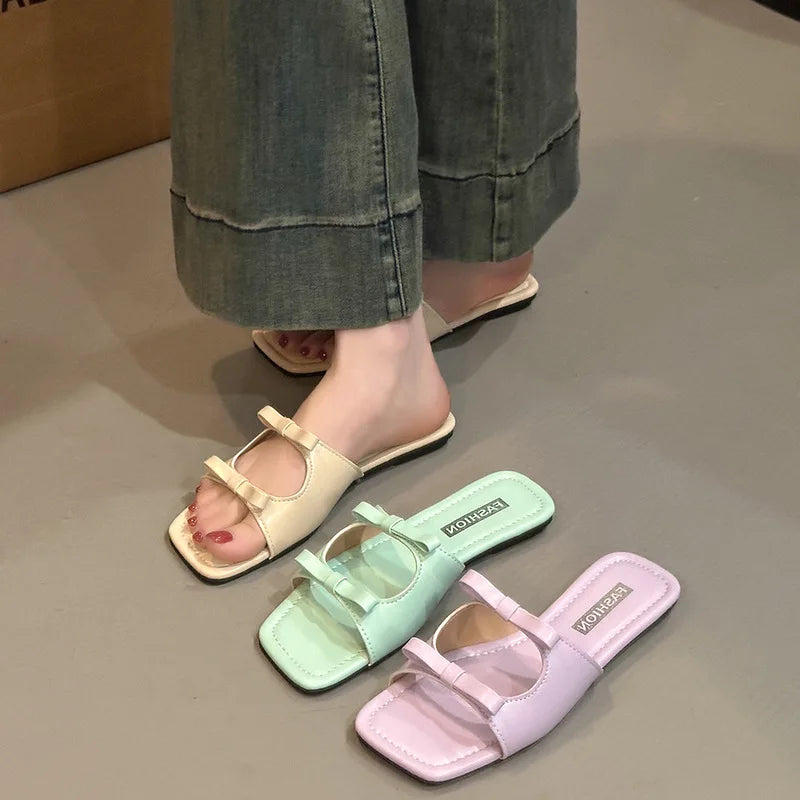 2025 Summer Designer Dress Slides Beach Shoes Women Bow Flat Slippers