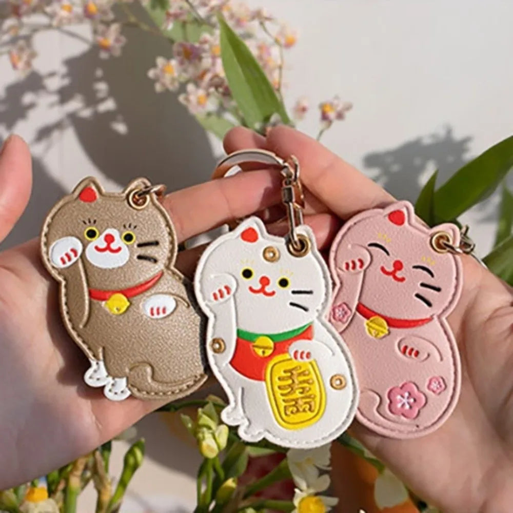 Lovely Fruit Kitty Access Card Holder Leather Maneki-neko Fortune Cat Pendant Keyring Orange Strawberry Zpaxo