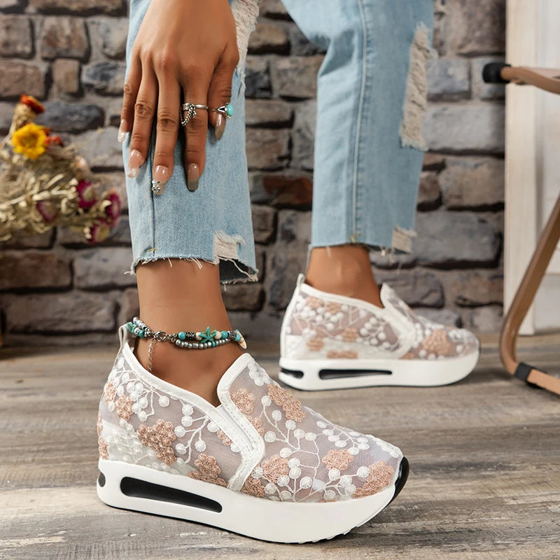 2025 New Women Casual Shoes Mesh Breathable Sneakers Thick Bottom Slip on Shoes Women Espadrille Lace Embroidered Women Sneakers Zpaxo