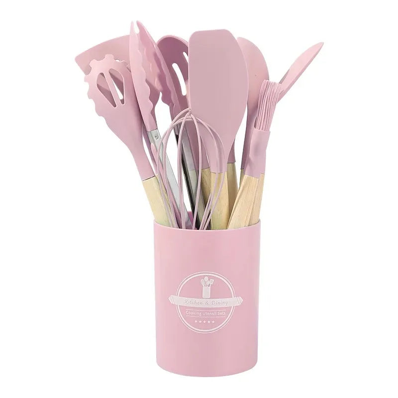 12PCS Silicone Kitchenware Non-Stick Cookware Kitchen Utensils Set Spatula Shovel Egg Beaters Wooden Handle Cooking Tool Set Zpaxo Pink 12Pcs
