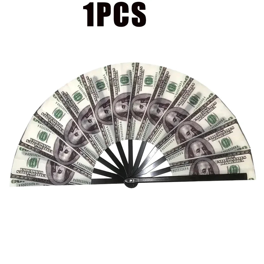 Large Folding Hand Tear Fan Dollar Pattern Music Festival Dance