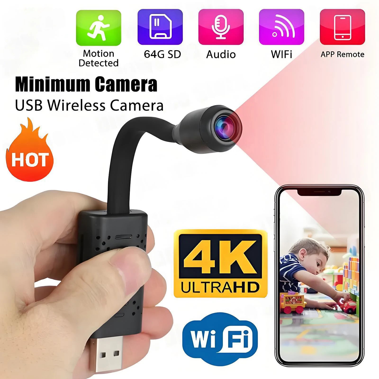 4K USB Surveillance Wifi Cameras Mini Flexible Lens Cable Motion