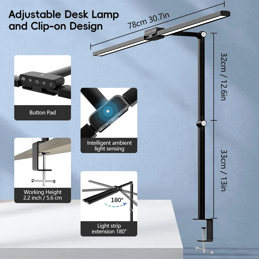 Home LED Eye-Care Reading Desk Lamp with Memory Timer Function 3200K-6500K Stepless Dimming 1800LM 2-Head PC Monitor Table Light Zpaxo