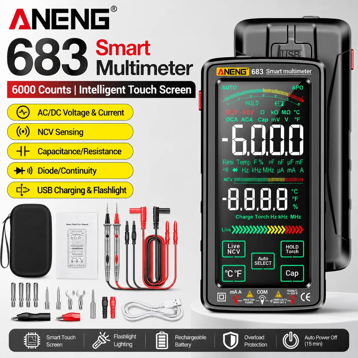 ANENG 683 Touchscreen Display USB Charging NCV Temperature Digital