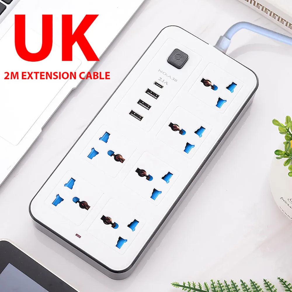 Universal Power Strip TypeC USB Port Outlet Power Strip 2M Extension Cord AC Power Socket Charge Electrical Socket EU US UK Plug Zpaxo White UK
