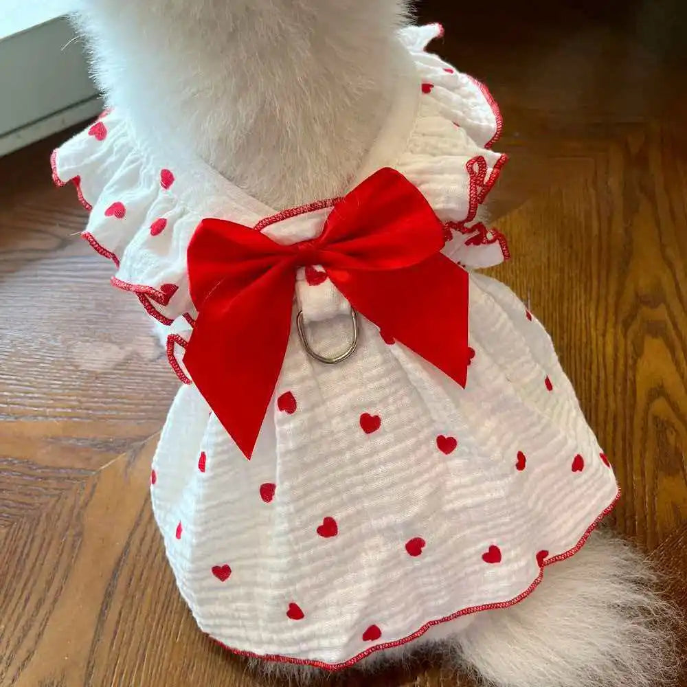 Pet dresses accessories clothes for spring and summer dogs cats teddy bears Pomeranians plush toys cat hearts all cotton fabric Zpaxo red dress2PC XS
