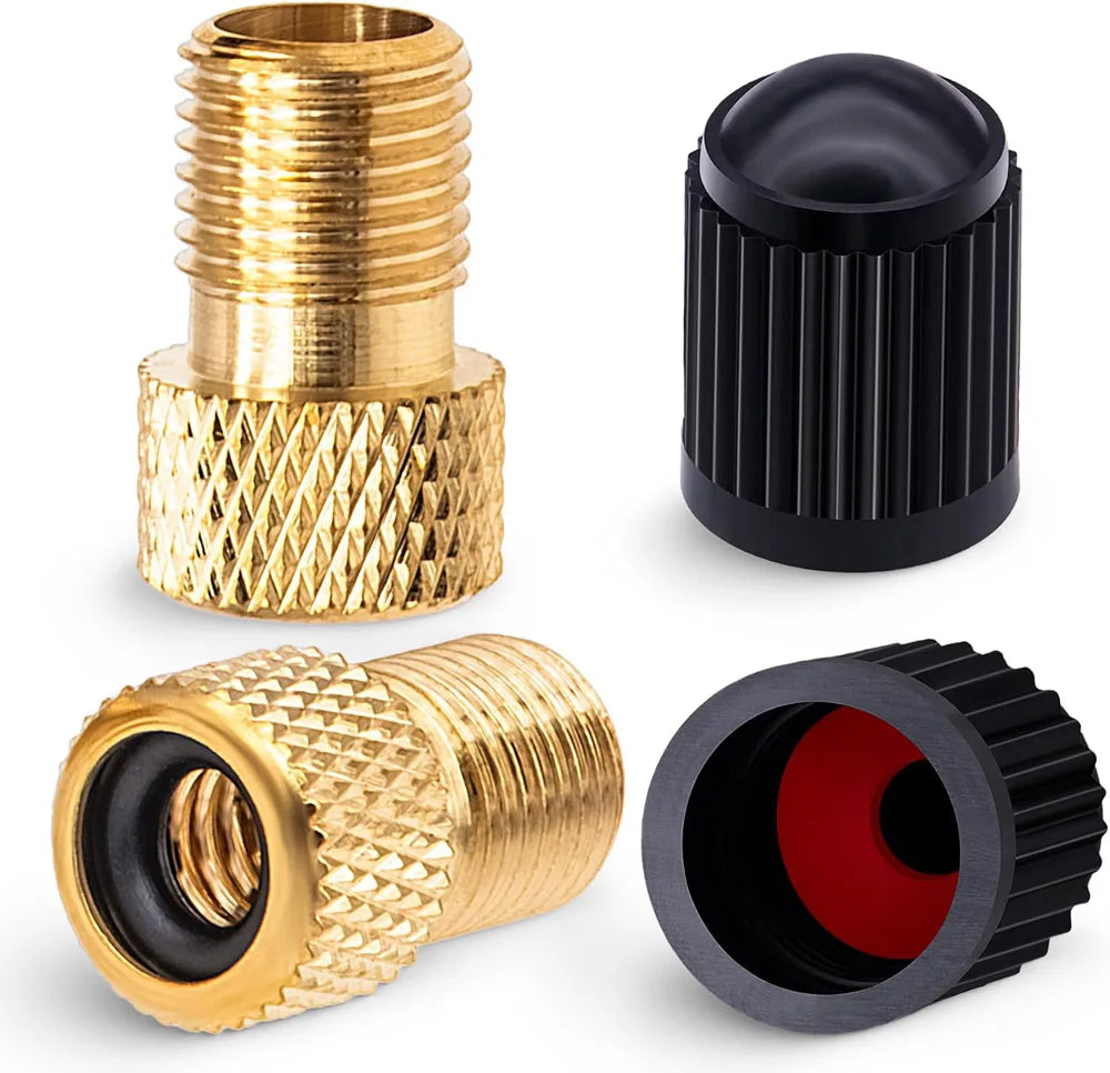 Brass Presta to Schrader Valve Adapter 2-Pack + Valve Caps
