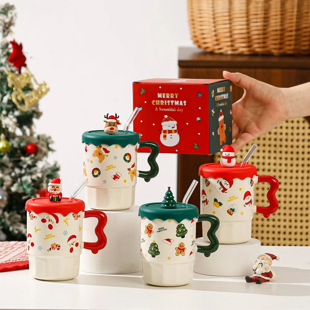 Cute Christmas Mug Lid Spoon Appearance Level Santa Claus Reindeer