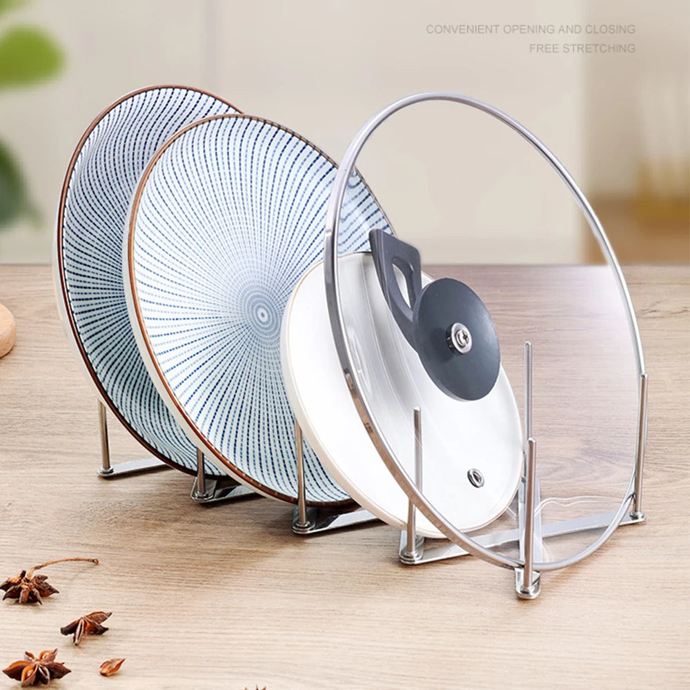 Pot Lid Rack Pan Lid Organizer Retractable Foldable Stainless Steel Plate Dish Holder Shelf Tableware Storage Kitchen Gadgets Zpaxo