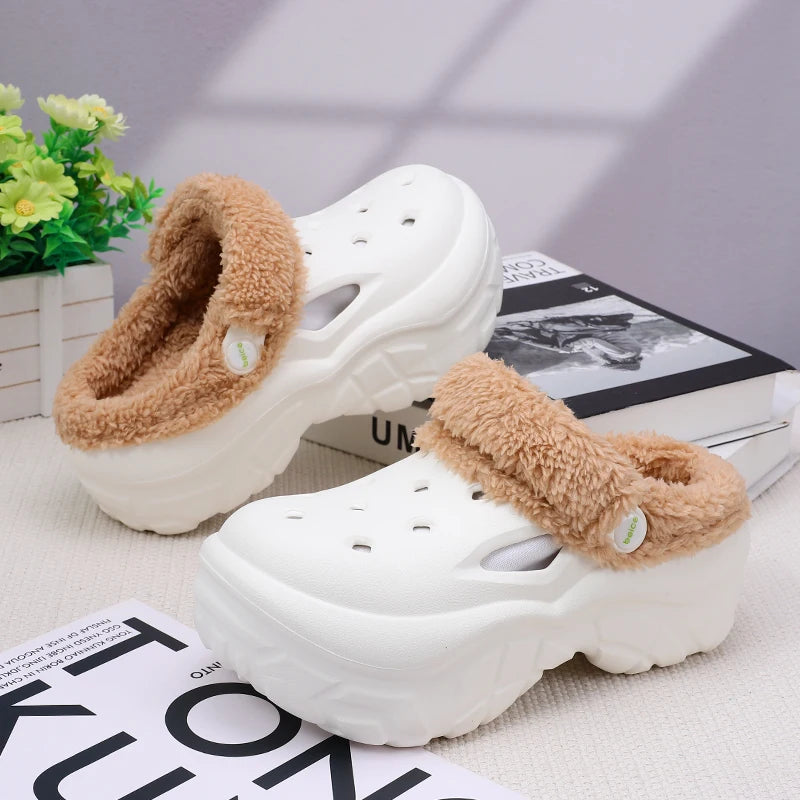 Plush Slippers 2025 Winter Men's Women's Thick Heels Soft-soled Beach Zpaxo WHITE 35-36