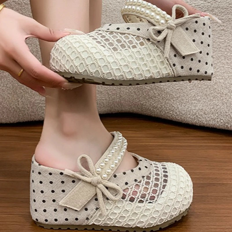 Round Closed Toe Women's Summer Bow Pearl Embellishment Wedge Heel Zpaxo Beige 39