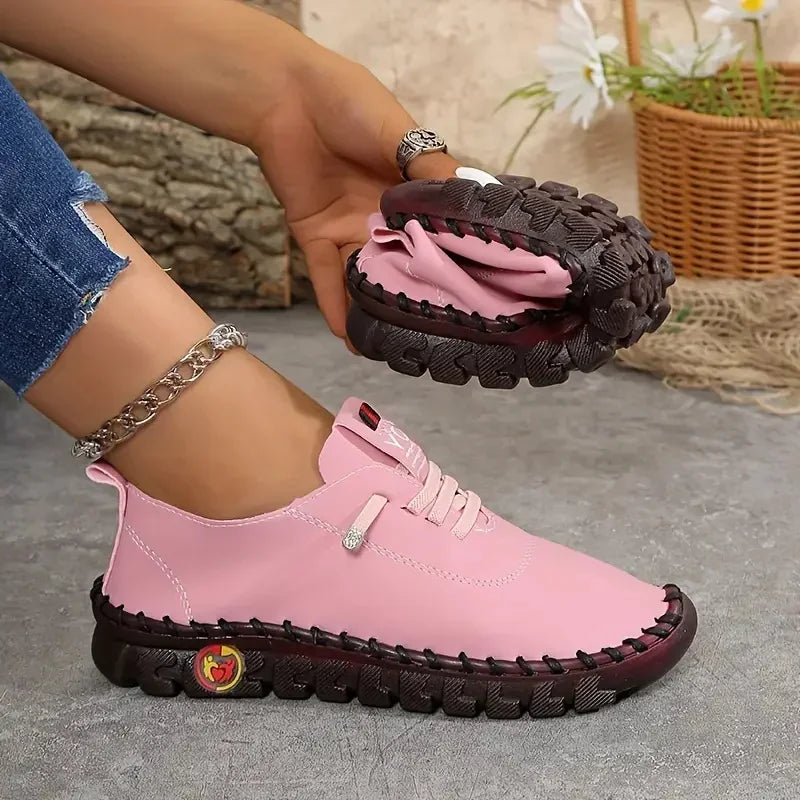 New Women Sneakers Comfortable Soft Leather Loafers Shoes for Women Hand Sewing Thread Mom Shoes Fashion Outdoor Sneakers Women Zpaxo Pink 38