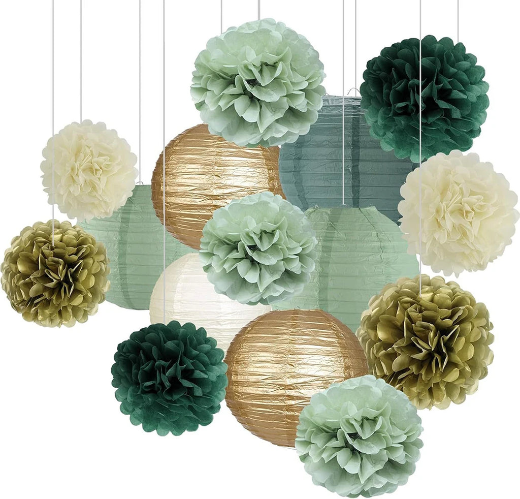 Sage Green Party Decorations Paper Lanterns Pom Poms Tissue Flower
