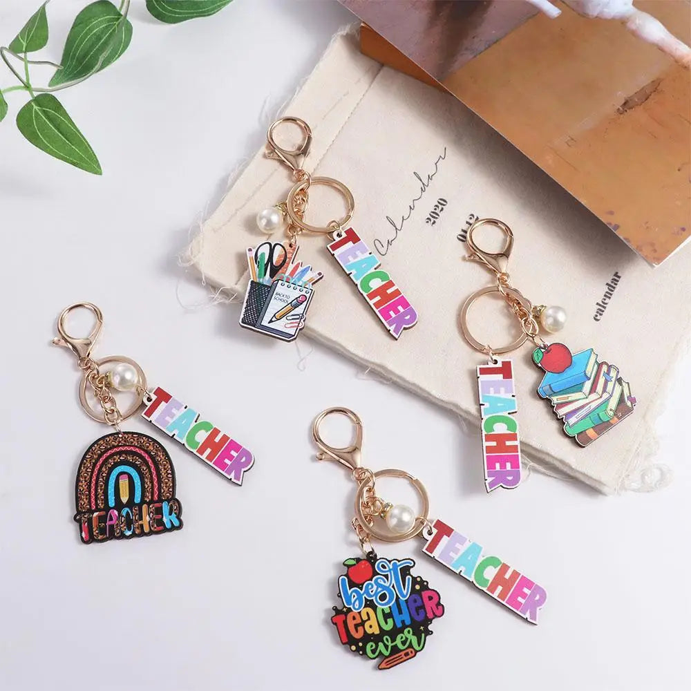 Wooden Teacher's Day Keychain English Letter Geometric Shape Text Keychain Pendant Colorful Rainbow Pen Holder Key Ring Zpaxo