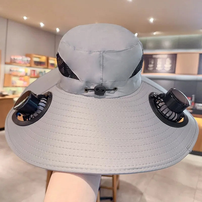 Outdoor Solar Fan Bucket Hat Travel Fishing Sunscreen Big Brim Sun Zpaxo Light gray