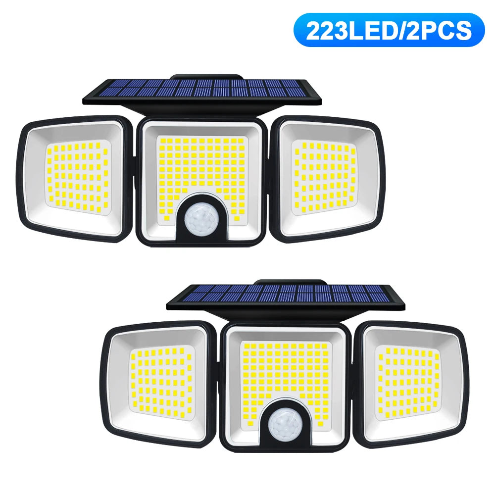 Solar Lights Outdoor 3 Heads Motion Sensor 286/236LED Security Flood Lights Waterproof 3 Modes Wall Lamp for Garden Patio Yard Zpaxo 223LED-2PC