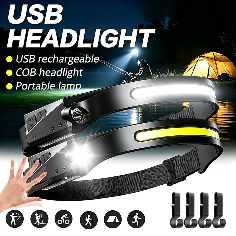 1 Headlamp USB Rechargeable LED Sensor Flashlight XPE+COB Torch Zpaxo