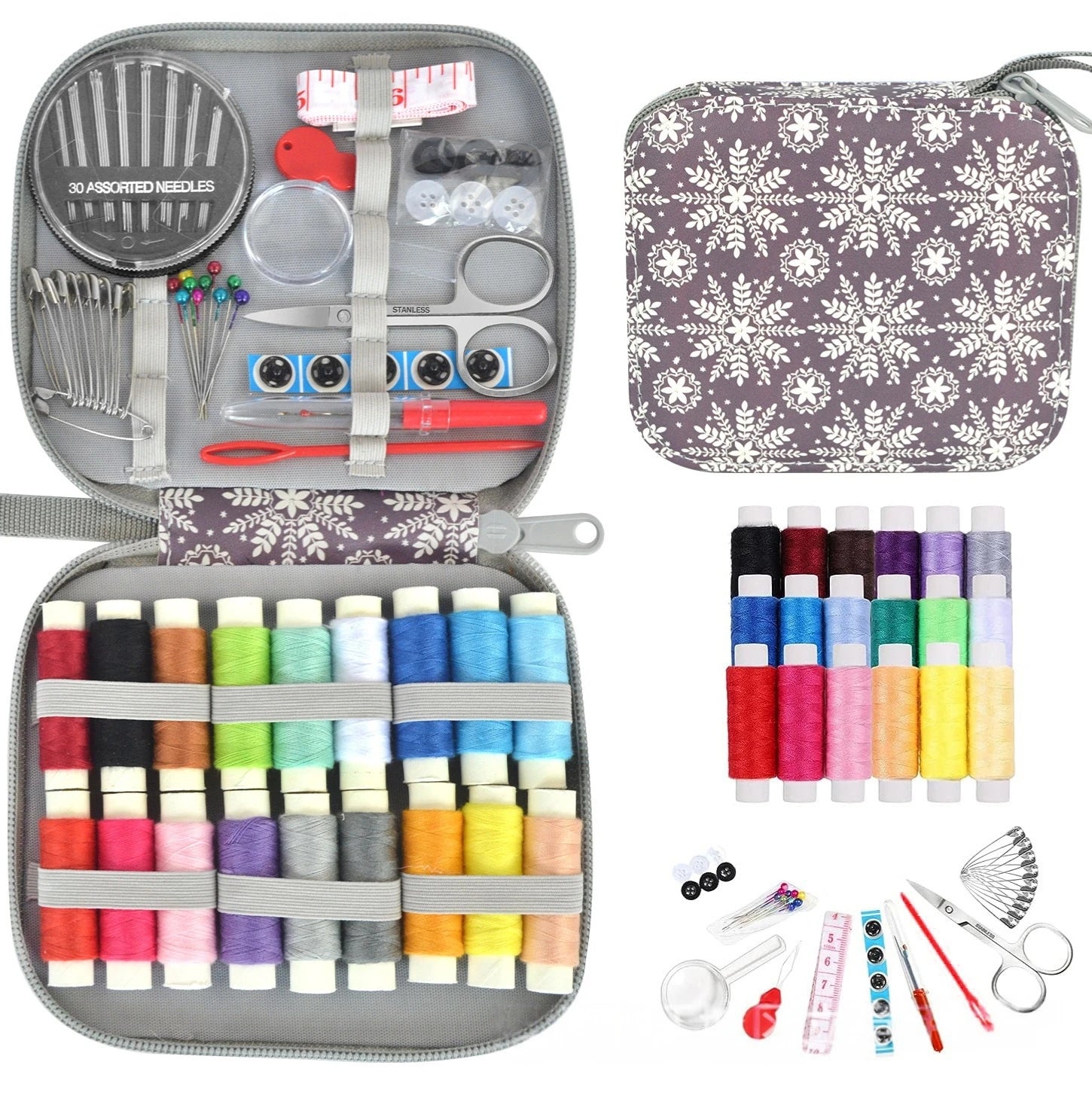 Portable Sewing Kit Complete Set with Threads Needles Scissors Tape Measure Buttons Embroidery Thread Handwork Sewing Tools Kit Zpaxo Snowflake print