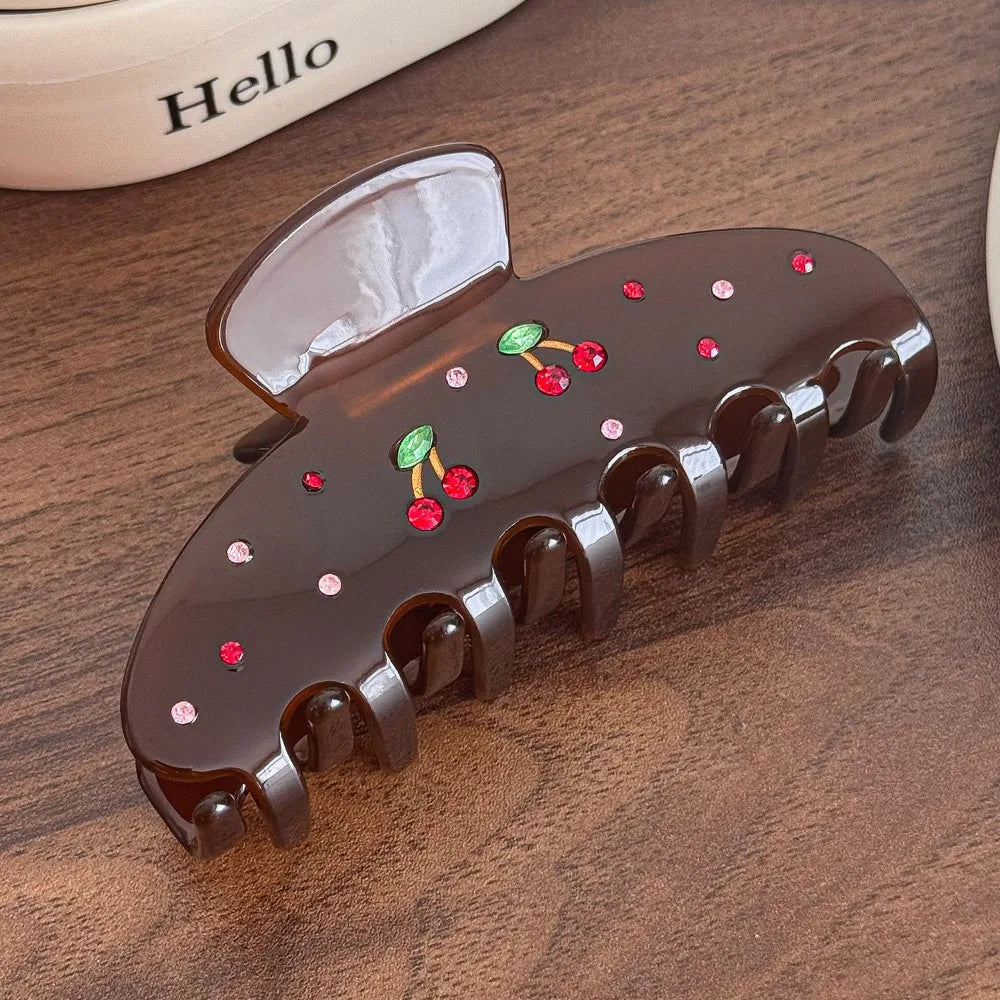 New Diamond-Studded Acetate Hair Claw Butterfly Shape Floral Pattern Hair Clip Sweet Style Elegant Shark Clip Back-Head Updos Zpaxo Brown Cherry