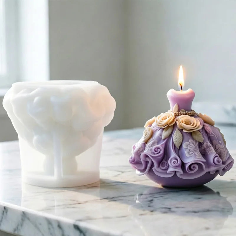 3D Flower Wedding Dress Silicone Candle Mold Princess Dress Aromatherapy Soap Gypsum Craft Ornament Making Mold Home Decor Zpaxo