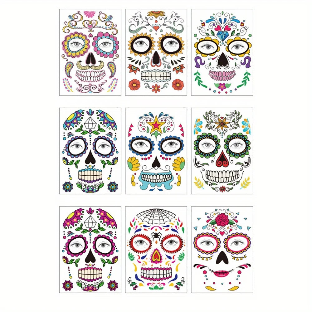 Day Dead Face Tattoos Sugar Skull Red Roses Halloween Stickers Makeup