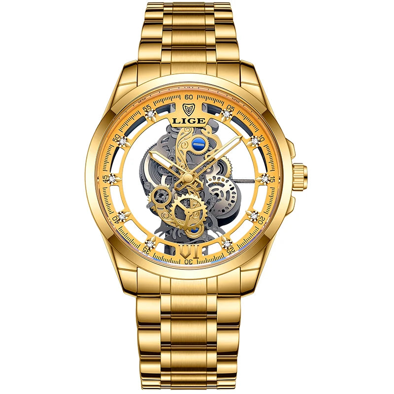 2025 LIGE Men Watch Skeleton Automatic Quartz Watch Gold Skeleton Vintage Man Watch Mens Watches Top Brand Luxury часы мужские Zpaxo All gold steel