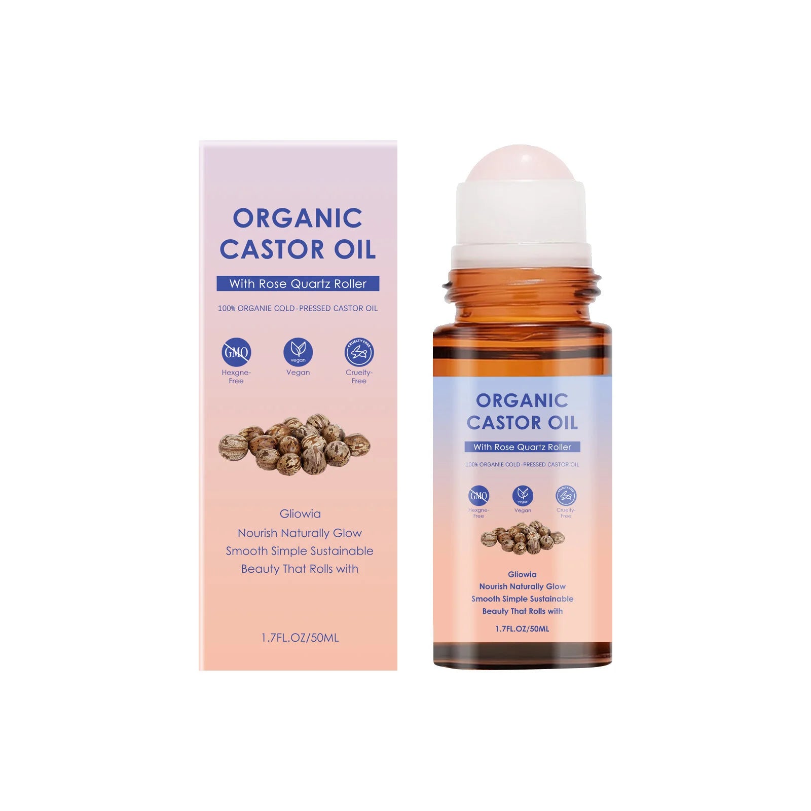 Organic Castor Oil Rose Quartz Roller Ball – 50ml Castor Oil Roller Zpaxo 50ml Boxed